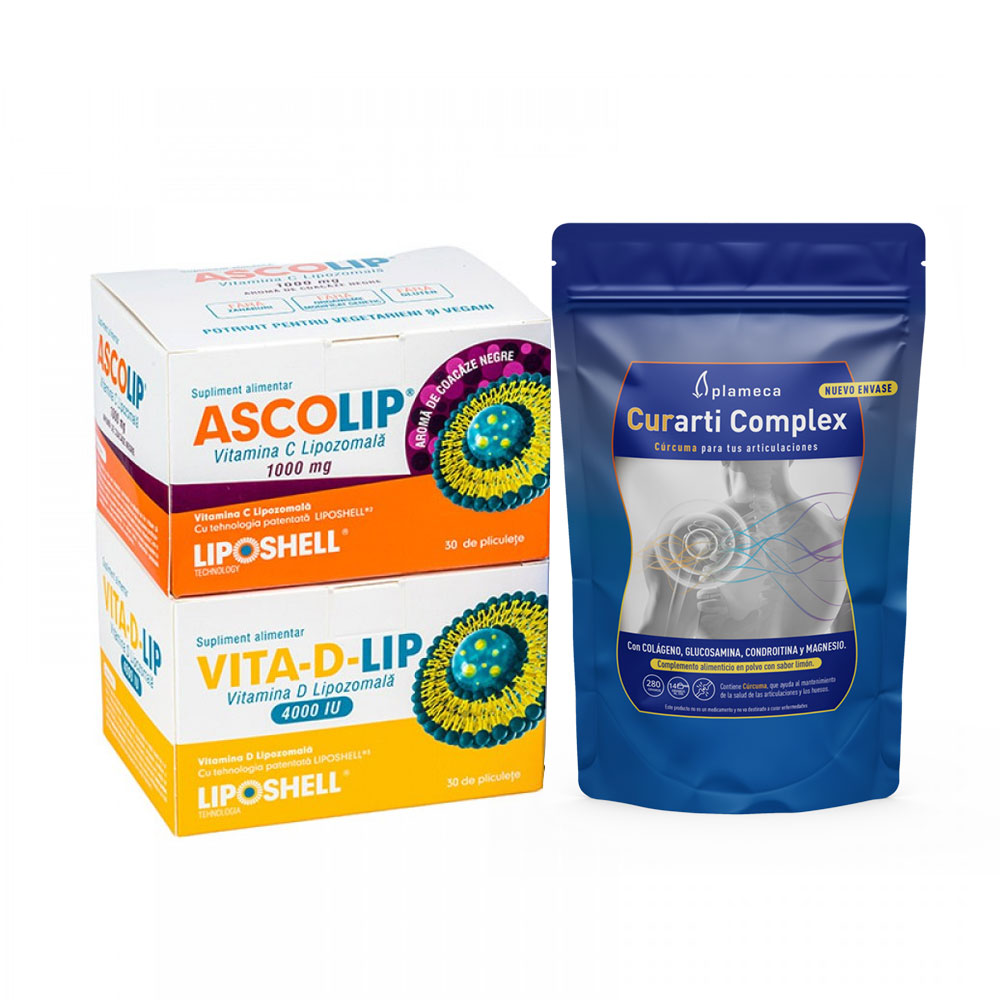 Pachet Articulații Sănătoase – Vitamina C Lipozomală 1000 mg LIPOSHELL® + Vitamina D Lipozomală 4000 IU LIPOSHELL® + Curarti Complex
