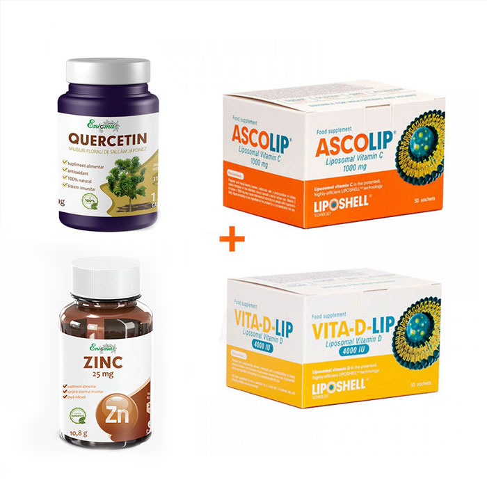 Pachet Imuno – Vitamina C Lipozomală 1000 mg LIPOSHELL® + Vitamina D Lipozomală 4000 IU LIPOSHELL® + Zinc 25 mg + Quercetină (120 capsule)