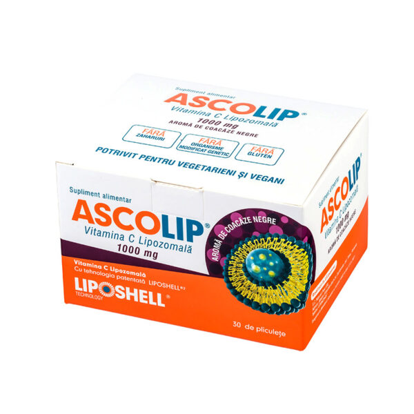 Vitamina C Lipozomală 1000 mg LIPOSHELL®, cu aromă de coacăze (30 plicuri), ASCOLIP