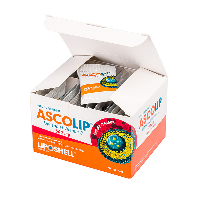 Vitamina C Lipozomală 500 mg LIPOSHELL®, cu aromă de cireșe (30 plicuri), ASCOLIP