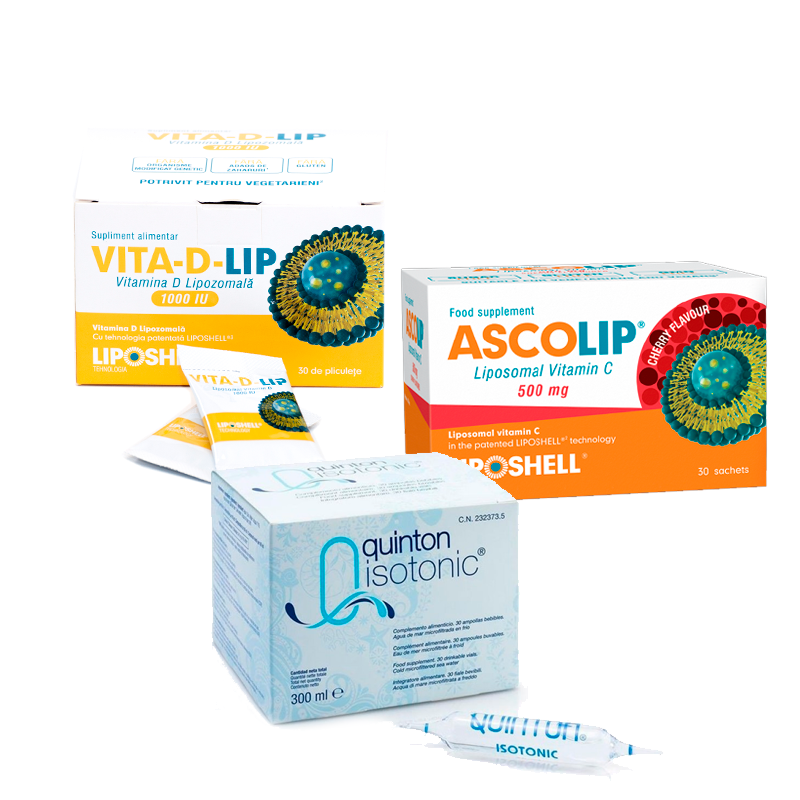 Pachet Plasma Izotonic fiole (300ml), Quinton+Vitamina C Lipozomală 500 mg+Vitamina D Lipozomala 1000UI