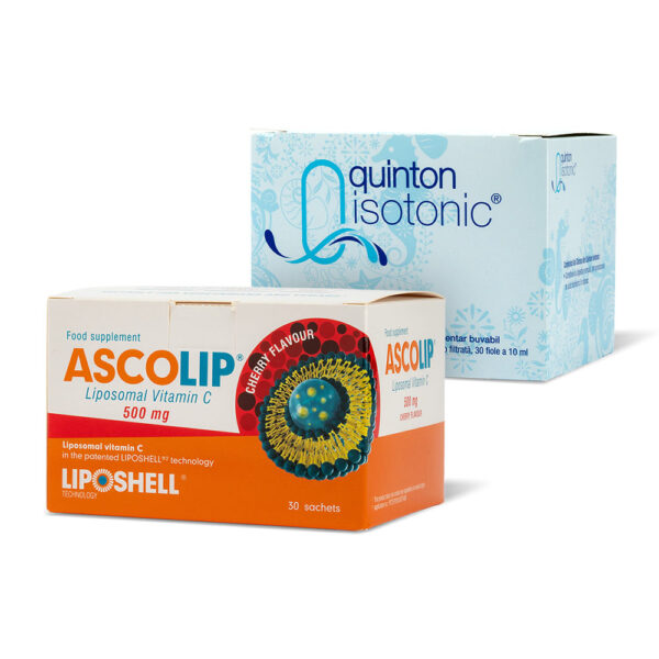 Pachet Plasma Izotonic fiole (300ml), Quinton+Vitamina C Lipozomală 500 mg LIPOSHELL®, cu aromă de cireșe (30 plicuri), ASCOLIP