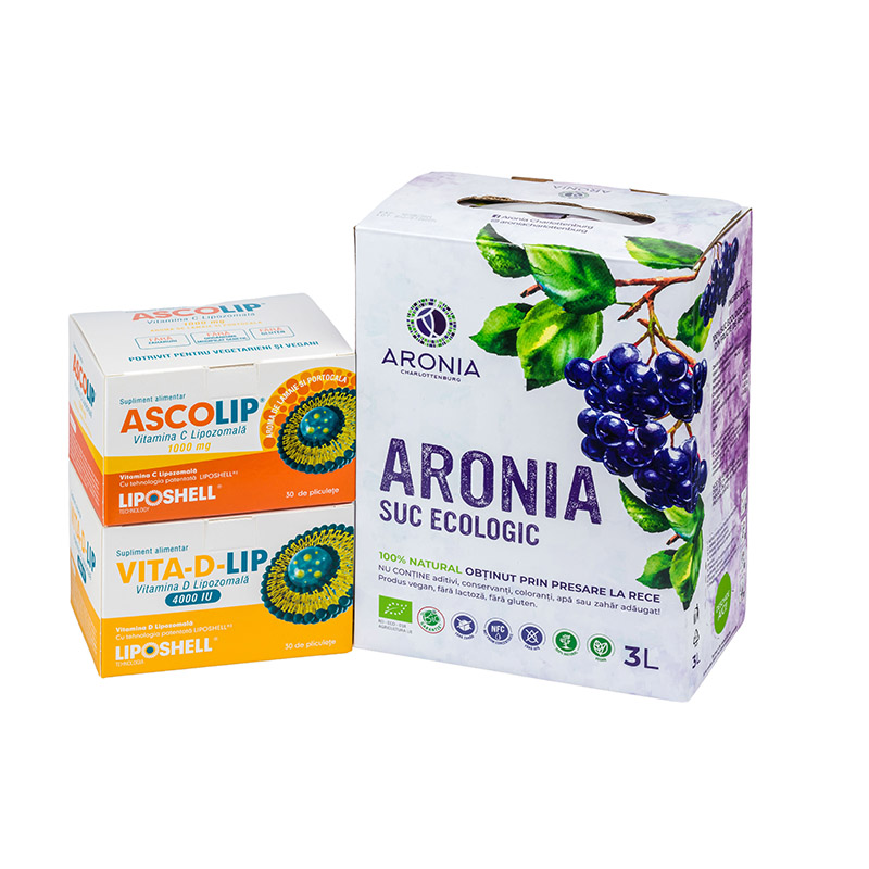 Pachet promotional pentru imunitate : Vitamina C 1000mg+ Vitamina D 4000UI + Suc Aronia la 3L
